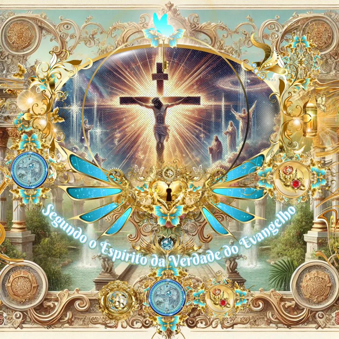 Uma ilustração majestosa e celestial de Jesus Cristo crucificado, irradiando luz divina. A cena é adornada com elementos dourados e azuis, asas angelicais e detalhes simbólicos representando a verdade do Evangelho.