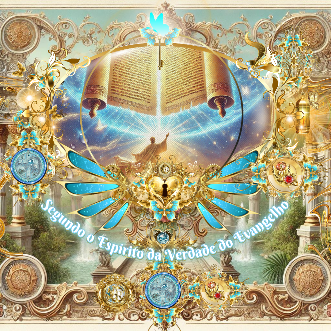 Arte digital celestial com a representação das Escrituras Sagradas abertas, resplandecendo luz divina. Um homem, de braços erguidos, é envolvido pelo brilho celestial, simbolizando a revelação do Espírito da Verdade do Evangelho. A imagem é adornada com elementos dourados e azuis, destacando a glória e a majestade divinas.