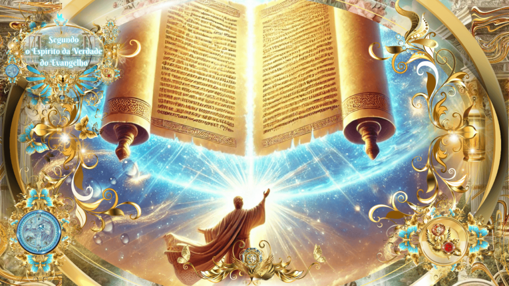 Ilustração celestial com um pergaminho dourado aberto no céu, emanando luz divina sobre um homem de braços erguidos, cercado por ornamentos dourados e azuis com detalhes espirituais.
