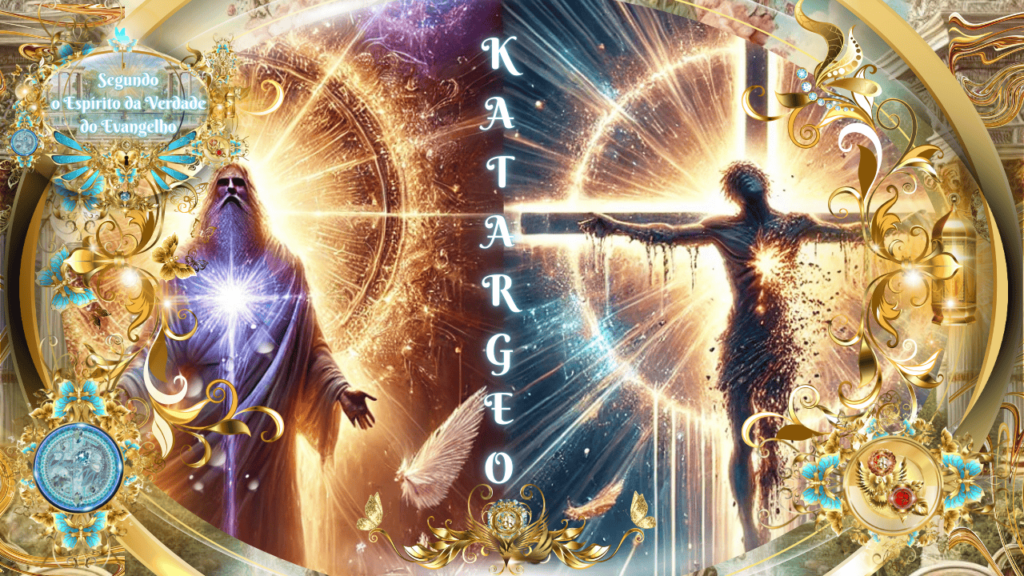 Ilustração celestial dividida ao meio: à esquerda, uma figura resplandecente representando Deus Pai, e à direita, Jesus Cristo crucificado, brilhando em luz divina. O fundo é ornamentado com elementos dourados e detalhes em azul-celeste, destacando a palavra "KATARGEO" ao centro.