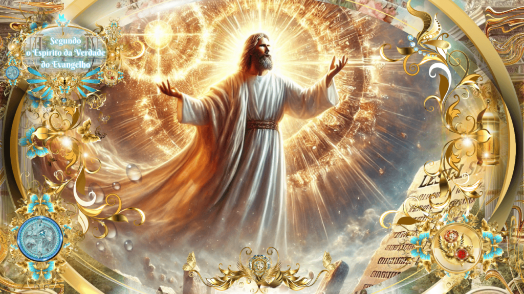 Imagem de Jesus Cristo resplandecendo em glória, envolto por uma luz celestial e um esplendor dourado, rodeado por elementos simbólicos do Evangelho, incluindo inscrições e ornamentos celestiais.