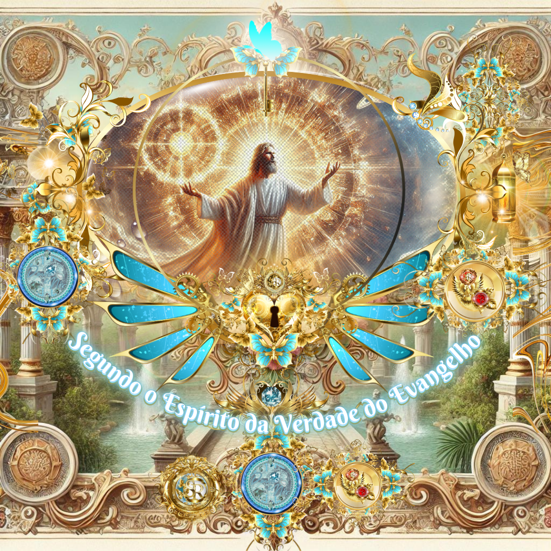 Imagem gloriosa e celestial representando Jesus Cristo rodeado por luz divina, em meio a elementos dourados e azuis que simbolizam a verdade do Evangelho.