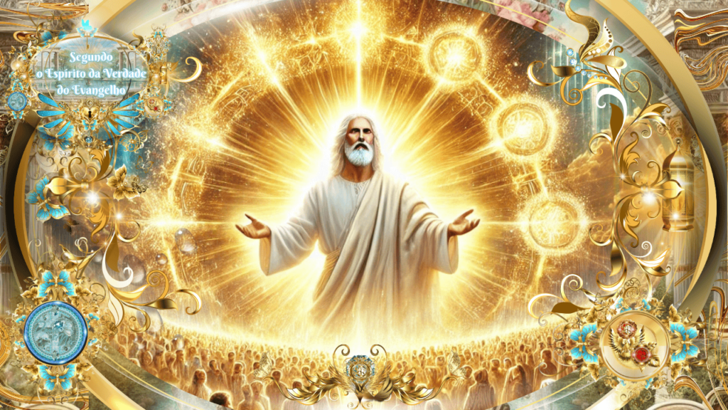 Imagem celestial representando Cristo glorificado, rodeado por luzes douradas e uma multidão resplandecente, com detalhes ornamentais em azul e ouro.