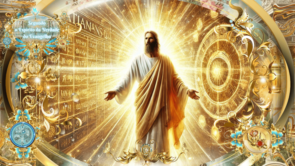 Ilustração de Jesus rodeado de luz celestial com ornamentos dourados e a inscrição "Segundo o Espírito da Verdade do Evangelho."