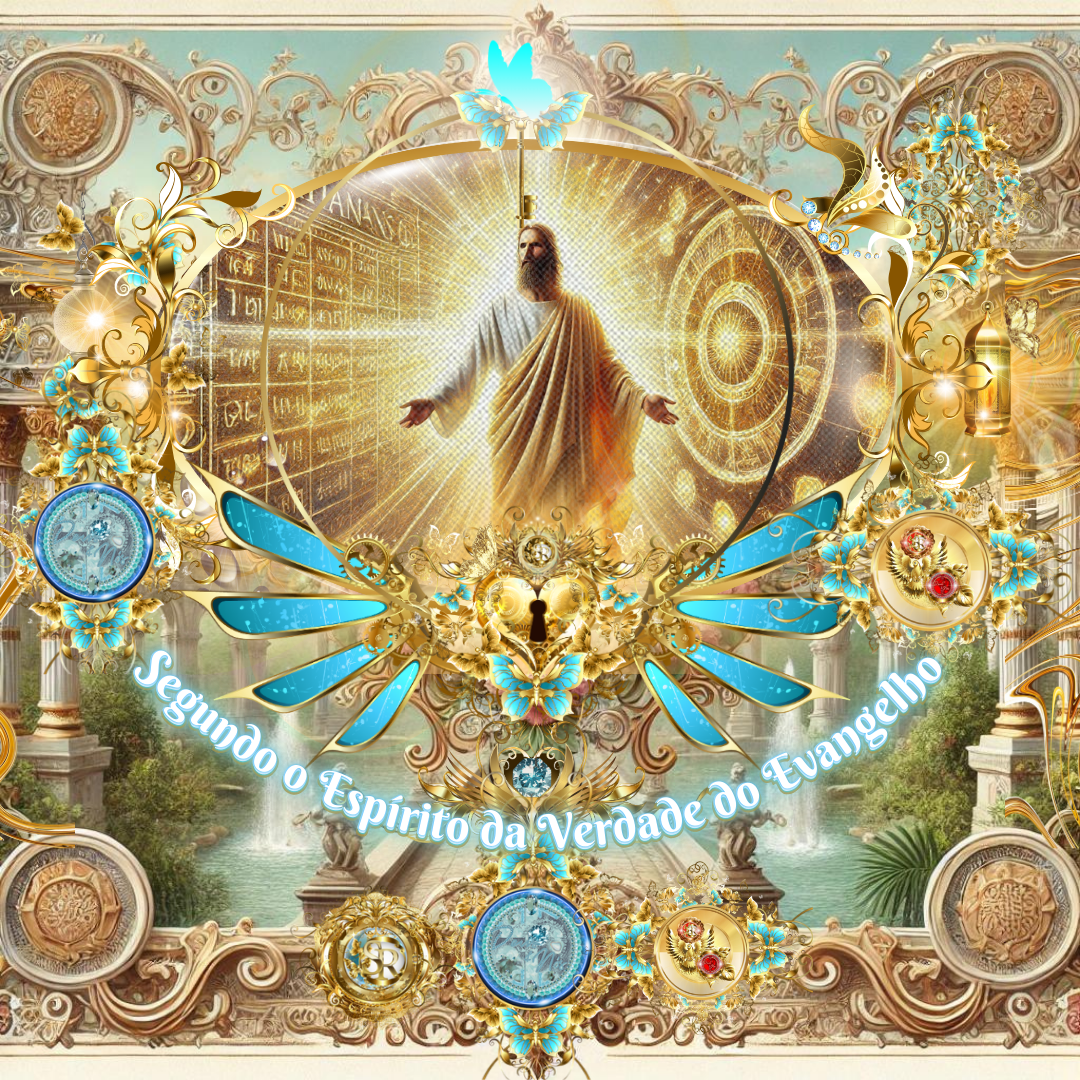 Imagem digital representando Jesus Cristo glorificado, rodeado por uma luz celestial intensa e elementos dourados ornamentais. A cena é adornada com detalhes azuis e dourados, borboletas e símbolos que remetem à sabedoria e ao Espírito da Verdade do Evangelho.
