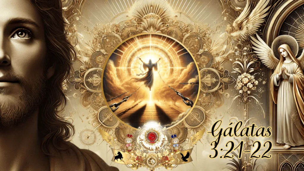 Imagem celestial representando Gálatas 3:21-22, com uma figura radiante ascendendo em meio à luz gloriosa, correntes se quebrando e um fundo dourado repleto de elementos angelicais e simbólicos.