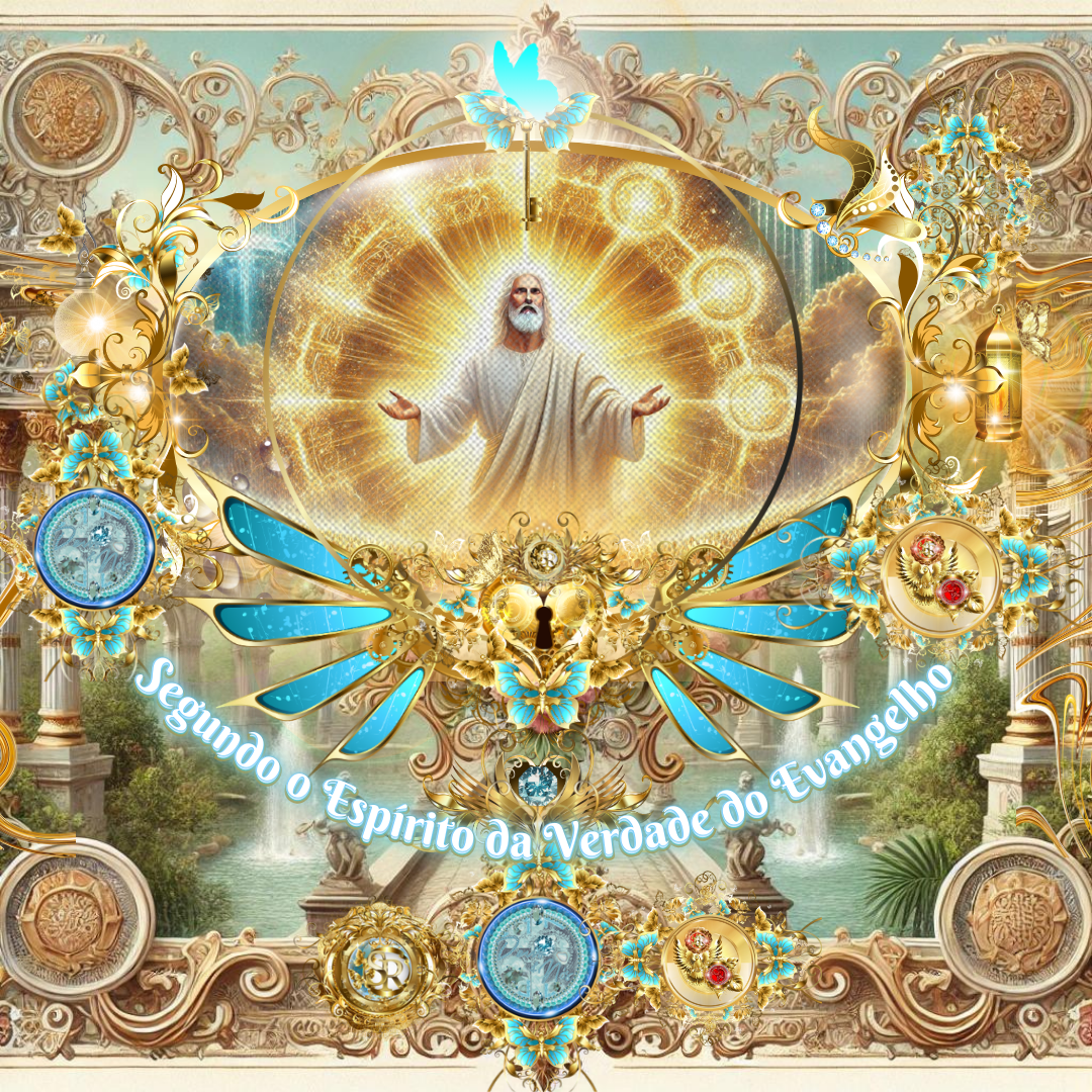 Ilustração celestial com Jesus em um ambiente glorioso, cercado por luz dourada e elementos simbólicos que representam o Espírito da Verdade e o Evangelho.
