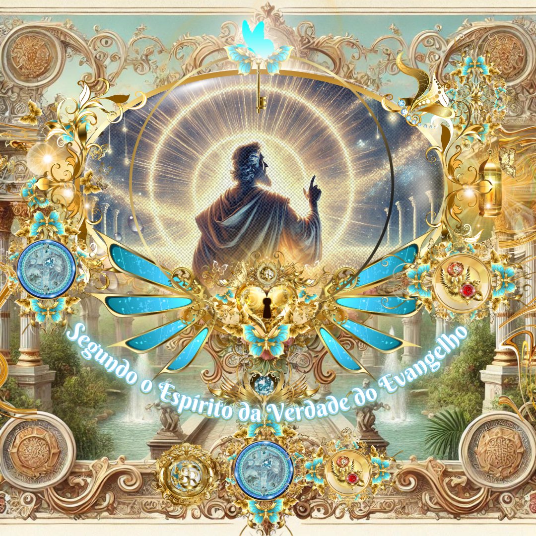 Imagem celestial representando um mensageiro divino diante de uma multidão, iluminado por uma intensa luz dourada, com ornamentos dourados e azuis enaltecendo a grandiosidade do momento.