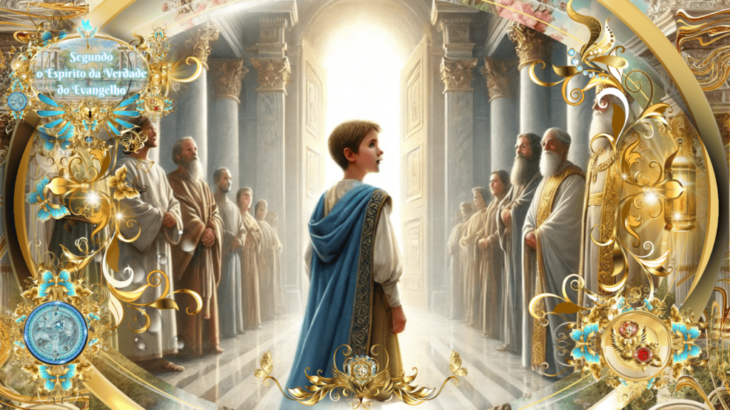 Jovem Jesus no templo, cercado por doutores da lei, envolto em luz celestial, em uma cena majestosa e ornamentada.