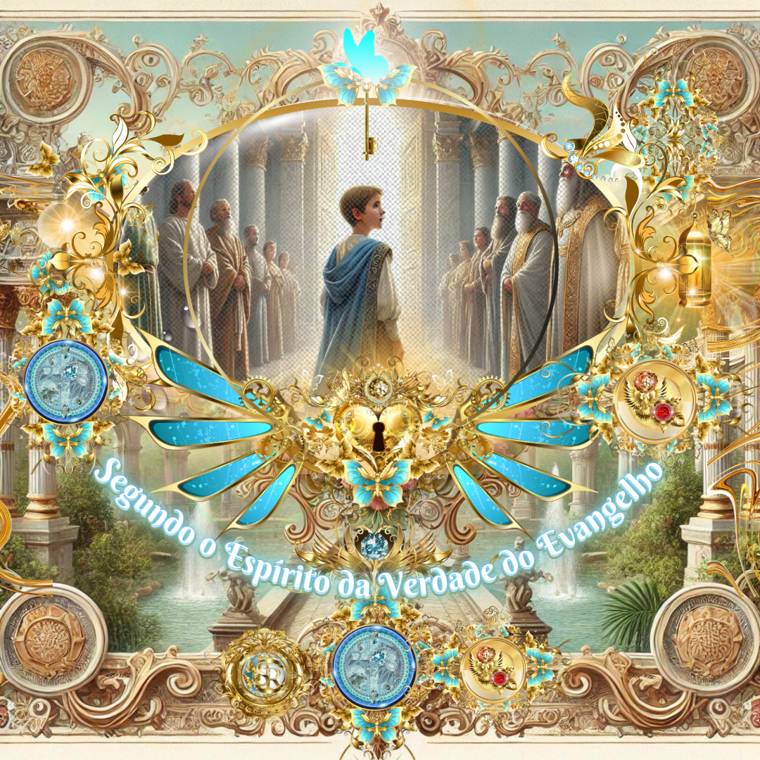 Jovem Jesus no templo, cercado por doutores da lei, envolto em luz celestial, em uma cena majestosa e ornamentada.