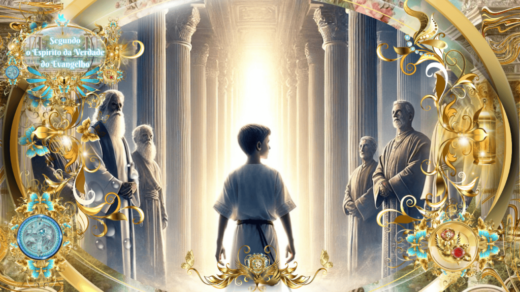 Arte digital celestial com um jovem iluminado no centro, cercado por anciãos em um templo clássico. Elementos dourados e azuis adornam a cena, transmitindo um simbolismo espiritual glorioso.