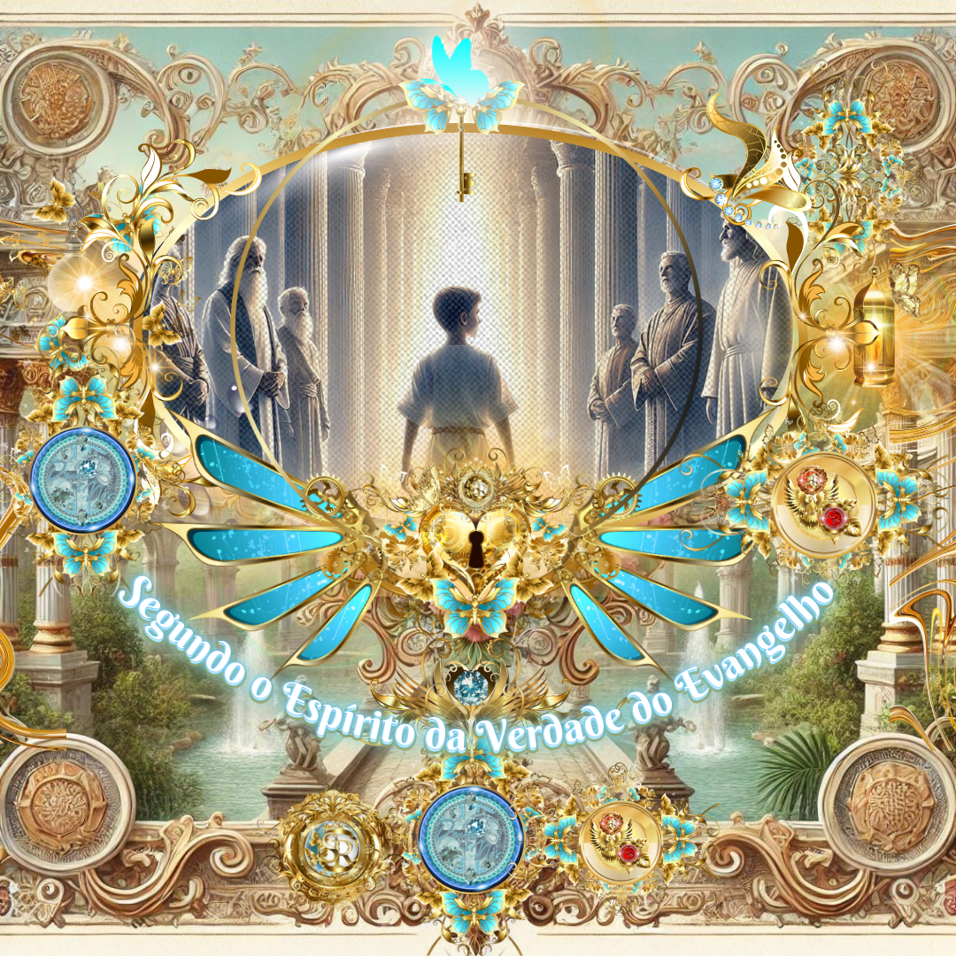 Arte digital celestial com um jovem iluminado no centro, cercado por anciãos em um templo clássico. Elementos dourados e azuis adornam a cena, transmitindo um simbolismo espiritual glorioso.