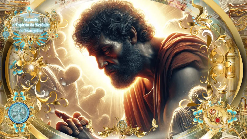Homem cansado, de barba e vestes antigas, ajoelhado e orando com intensidade, cercado por figuras espirituais resplandecentes. A cena é emoldurada por ornamentos dourados e azuis, transmitindo um ambiente celestial.