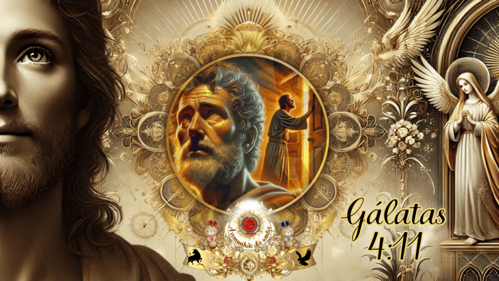 Arte digital gloriosa com tons dourados e detalhes celestiais, destacando Gálatas 4:11. No centro, um homem de expressão preocupada olha para cima, com uma cena ao fundo representando alguém batendo à porta. Anjos e elementos simbólicos compõem a imagem.