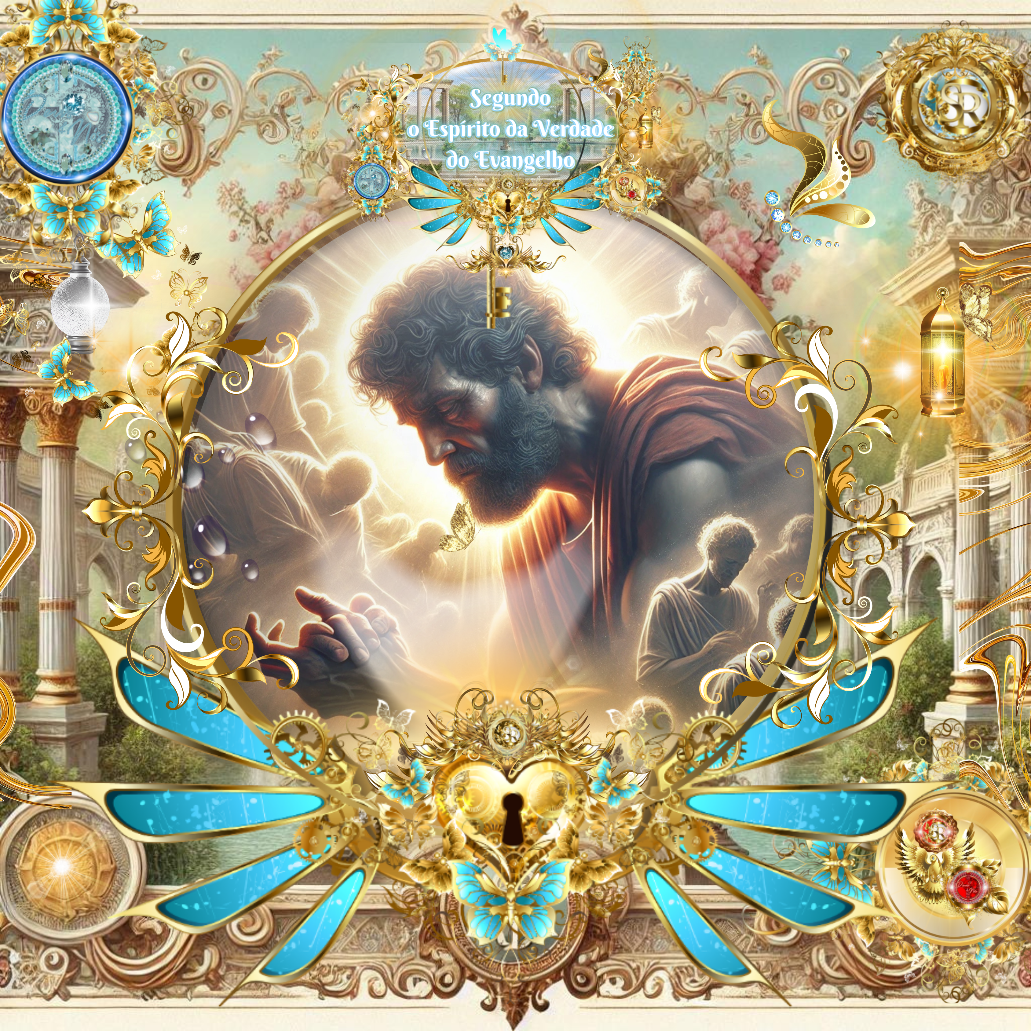 Homem cansado, de barba e vestes antigas, ajoelhado e orando com intensidade, cercado por figuras espirituais resplandecentes. A cena é emoldurada por ornamentos dourados e azuis, transmitindo um ambiente celestial.