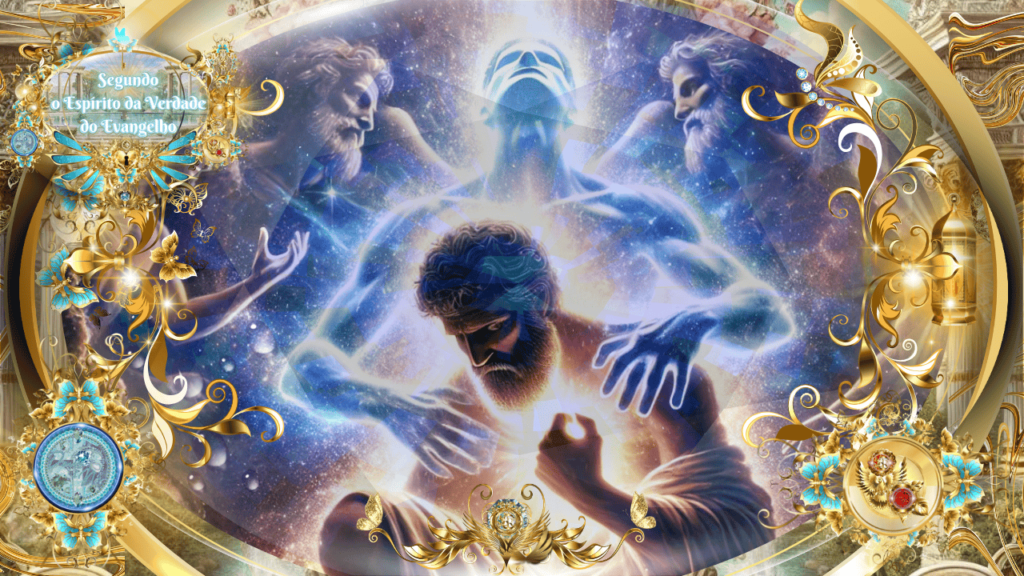 Ilustração celestial representando um homem em aflição, cercado por manifestações espirituais da presença divina, com brilho cósmico e adornos dourados.