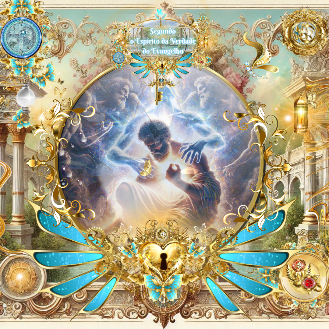 Ilustração celestial representando um homem em aflição, cercado por manifestações espirituais da presença divina, com brilho cósmico e adornos dourados.