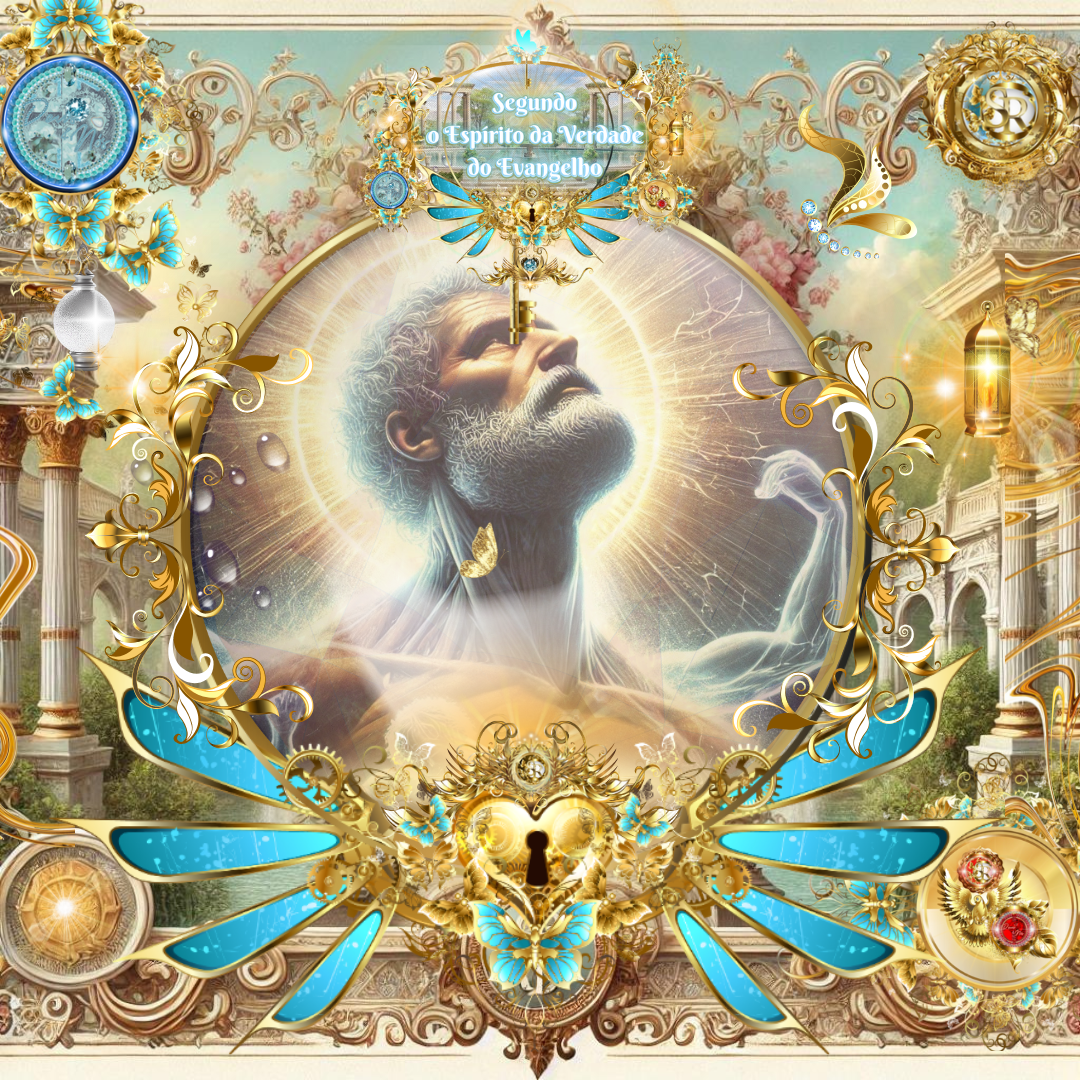 Imagem celestial e gloriosa representando um homem idoso iluminado pela luz divina, cercado por detalhes dourados e ornamentais, simbolizando a revelação do Espírito da Verdade do Evangelho.