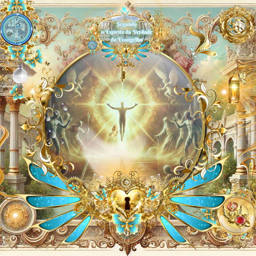 Ilustração gloriosa e celestial de um ser humano radiante ascendendo em luz dourada, cercado por figuras angelicais e detalhes ornamentais dourados e azul-turquesa.