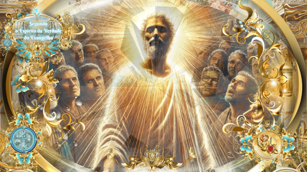 Ilustração celestial do apóstolo Paulo irradiando luz divina, rodeado por discípulos e ouvintes de todos os povos, em um cenário dourado e adornado com elementos sagrados.