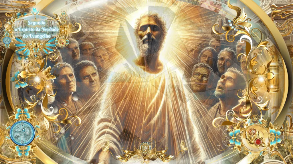 Ilustração celestial do apóstolo Paulo irradiando luz divina, rodeado por discípulos e ouvintes de todos os povos, em um cenário dourado e adornado com elementos sagrados.