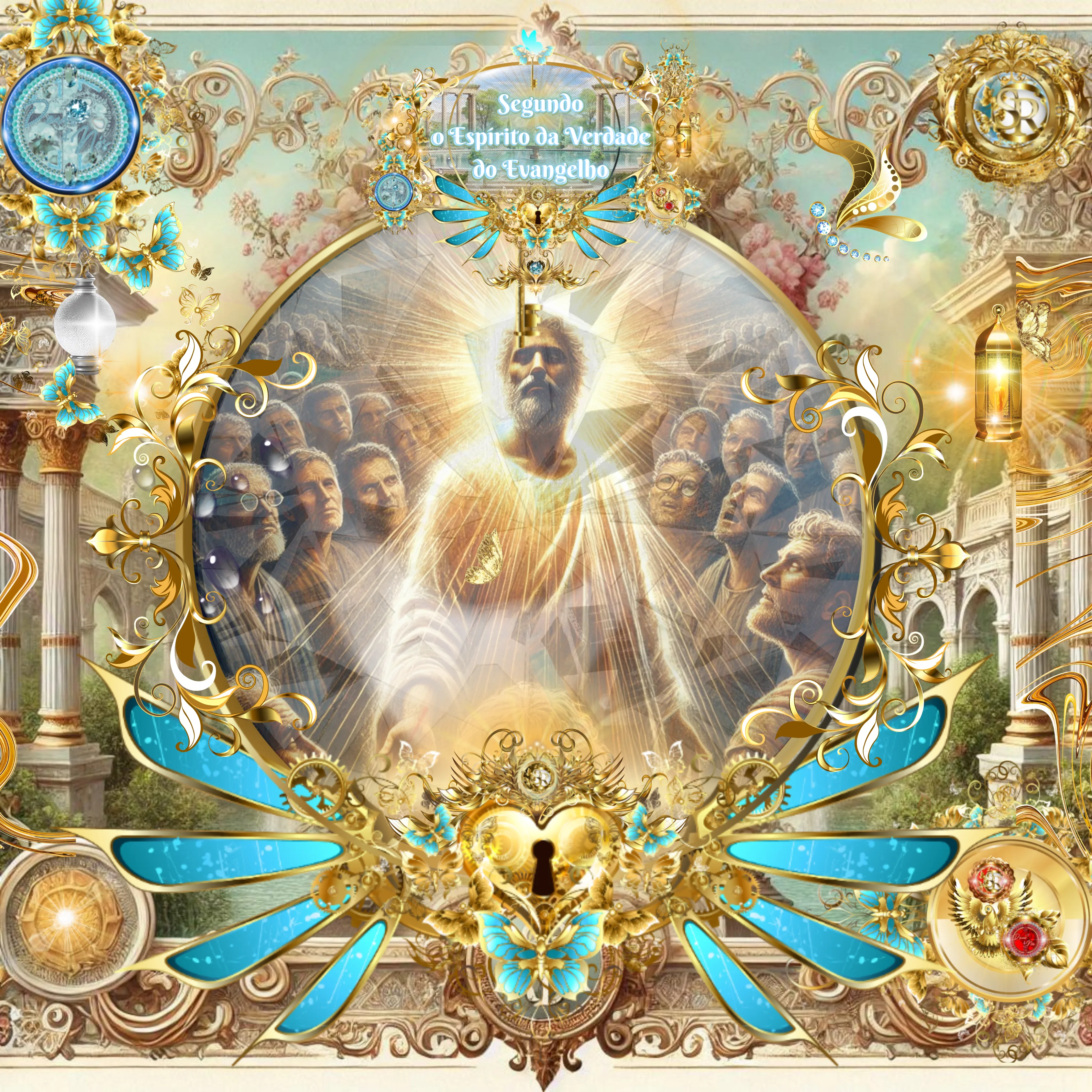 Ilustração celestial do apóstolo Paulo irradiando luz divina, rodeado por discípulos e ouvintes de todos os povos, em um cenário dourado e adornado com elementos sagrados.