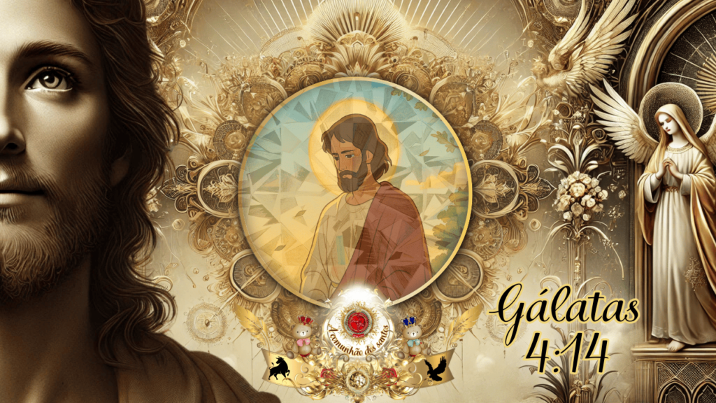 Ilustração artística de Jesus Cristo com um halo radiante, cercado por uma moldura dourada adornada com elementos celestiais, flores e símbolos cristãos. A passagem "Gálatas 4:14" está destacada na composição.