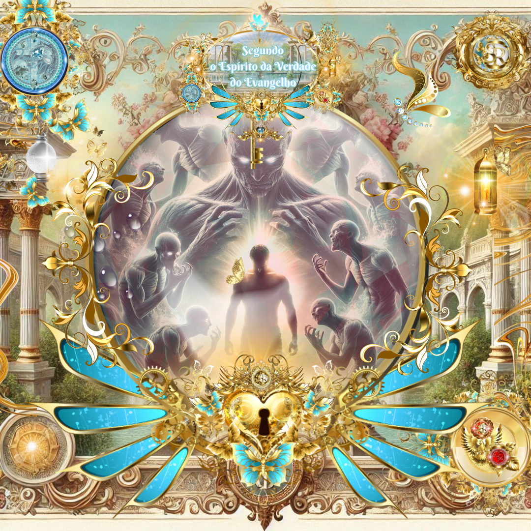 Imagem celestial representando a luta espiritual entre a luz e as trevas. Um homem iluminado no centro enfrenta forças demoníacas ao seu redor, com detalhes dourados e azuis enfeitando a composição.
