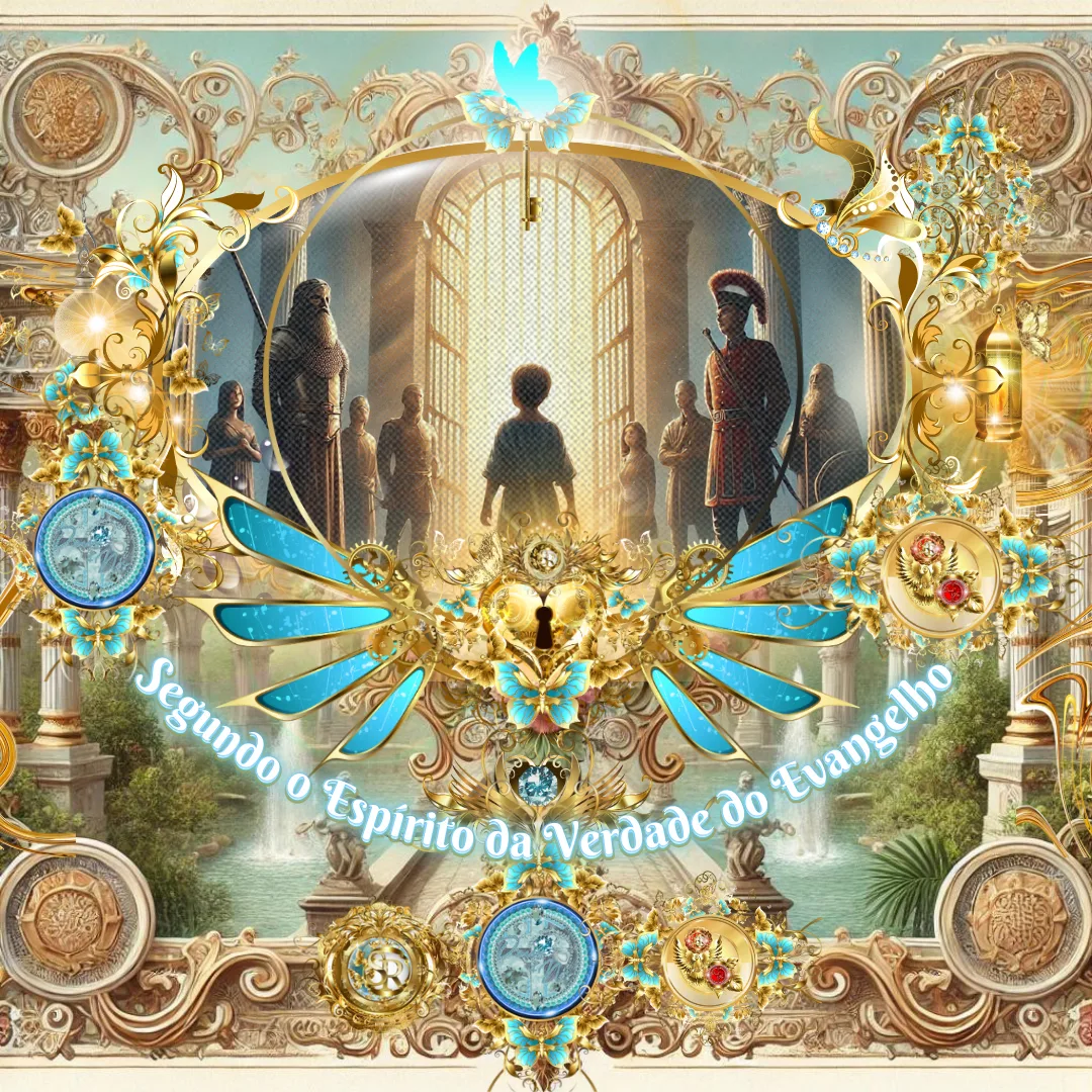 Uma ilustração celestial e simbólica retrata um jovem diante de um grande portão dourado, cercado por figuras históricas e guardas. A cena é adornada com detalhes dourados e azuis, transmitindo um sentido de revelação e transformação espiritual.