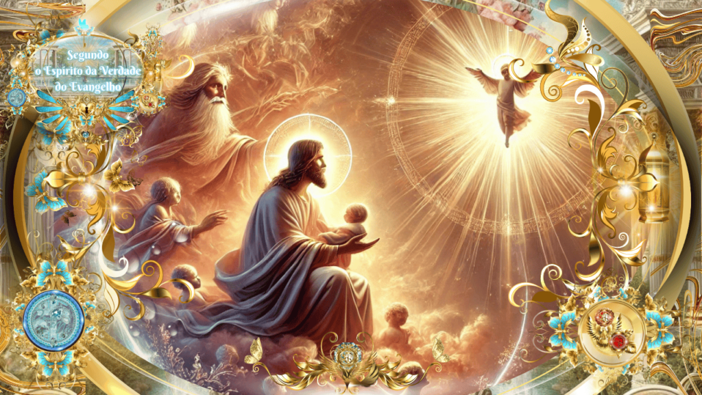 Uma cena celestial com Jesus segurando uma criança nos braços, cercado por figuras angelicais e uma luz divina resplandecente. O cenário é adornado com detalhes dourados e azuis, trazendo um aspecto glorioso e majestoso.