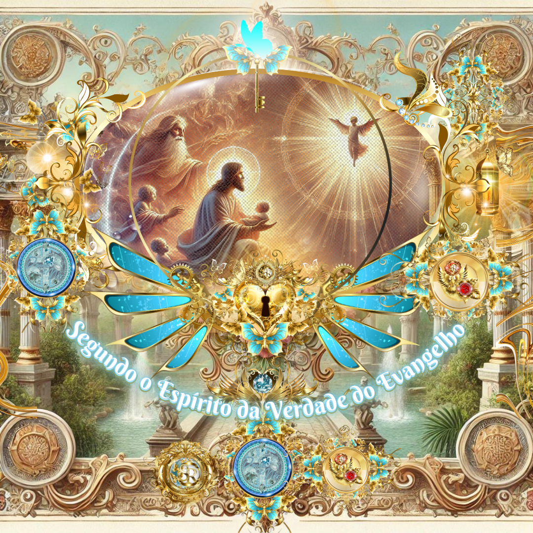 Uma cena celestial com Jesus segurando uma criança nos braços, cercado por figuras angelicais e uma luz divina resplandecente. O cenário é adornado com detalhes dourados e azuis, trazendo um aspecto glorioso e majestoso.
