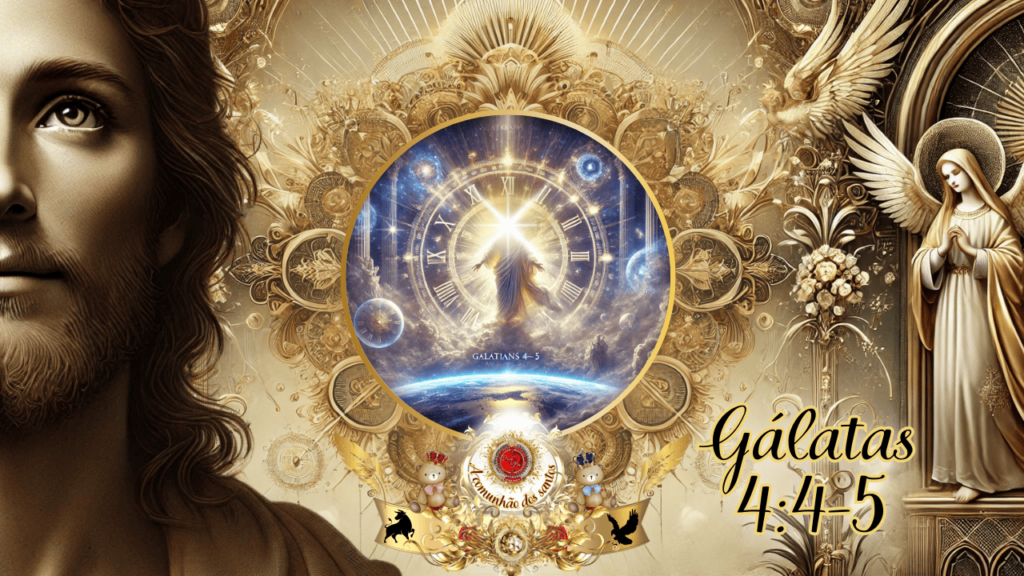 Arte digital representando Gálatas 4:4-5, com Jesus glorificado no centro de um relógio cósmico, simbolizando o cumprimento do tempo divino. Anjos, elementos dourados e detalhes celestiais adornam a composição.