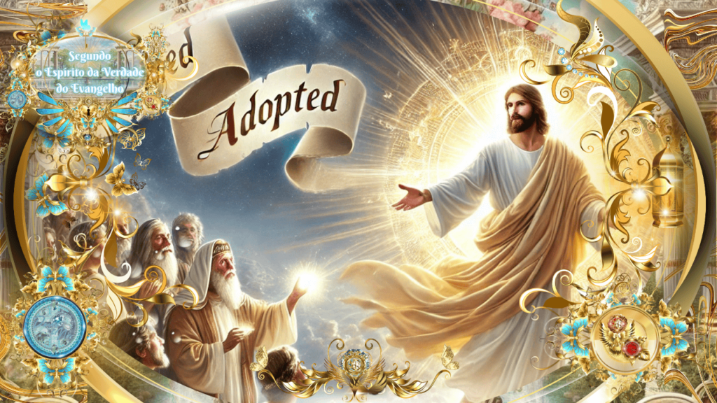 Ilustração celestial de Jesus Cristo emanando luz divina, com escribas e fariseus maravilhados diante d'Ele. A palavra "Adopted" aparece em um pergaminho flutuante, destacando o tema da adoção espiritual.