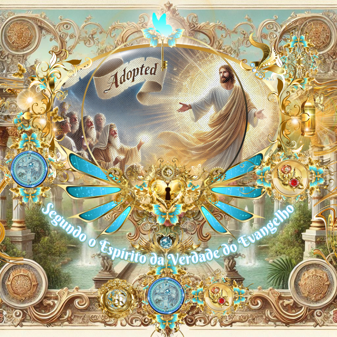 Ilustração celestial de Jesus Cristo emanando luz divina, com escribas e fariseus maravilhados diante d'Ele. A palavra "Adopted" aparece em um pergaminho flutuante, destacando o tema da adoção espiritual.