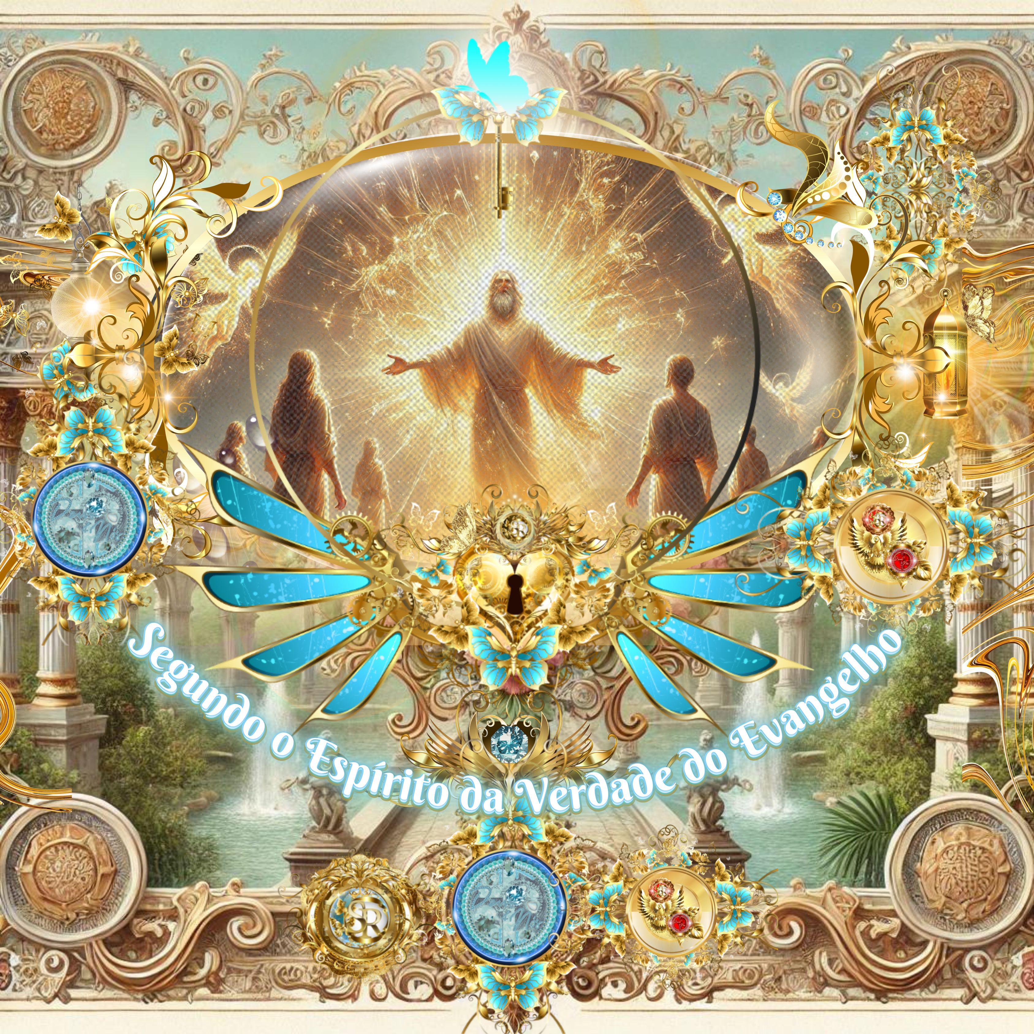 Ilustração celestial de Jesus Cristo resplandecente em luz dourada, rodeado por discípulos em um cenário glorioso e adornado com detalhes dourados e azuis.