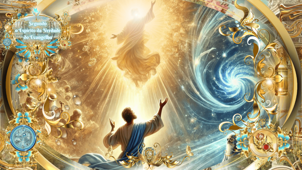 Imagem celestial e gloriosa representando um homem com vestes brancas e azuis adorando a Jesus Cristo resplandecente em luz dourada. A cena é adornada com ornamentos dourados e azuis, com elementos espirituais como um vórtice azul representando o Reino Celestial.