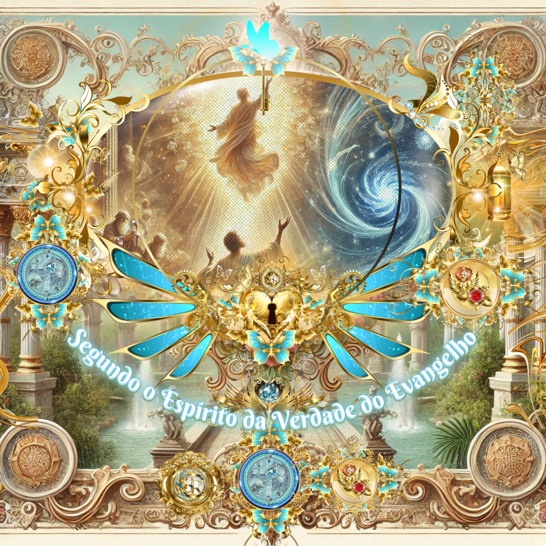 Imagem celestial e gloriosa representando um homem com vestes brancas e azuis adorando a Jesus Cristo resplandecente em luz dourada. A cena é adornada com ornamentos dourados e azuis, com elementos espirituais como um vórtice azul representando o Reino Celestial.