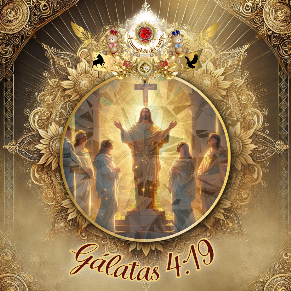 Ilustração celestial de Jesus Cristo resplandecente entre os santos, com raios de luz dourada, representando Gálatas 4:19 — “Cristo sendo formado em vós”.