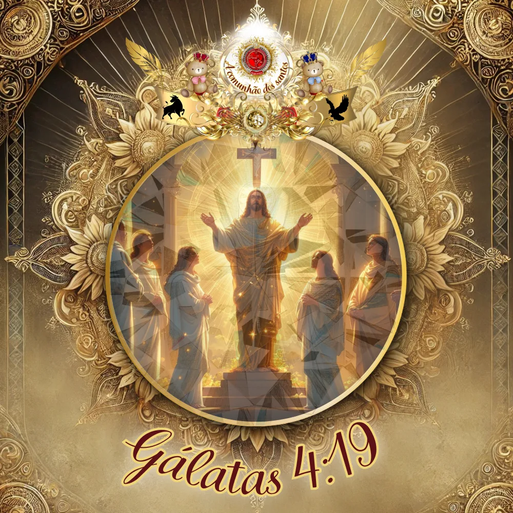 Ilustração celestial de Jesus Cristo resplandecente entre os santos, com raios de luz dourada, representando Gálatas 4:19 — “Cristo sendo formado em vós”.