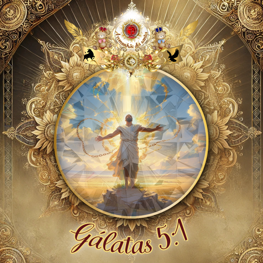 Ilustração celestial de Gálatas 5:1, representando Jesus e a liberdade espiritual, com Sara e Isaque como símbolos da promessa da Jerusalém celestial.