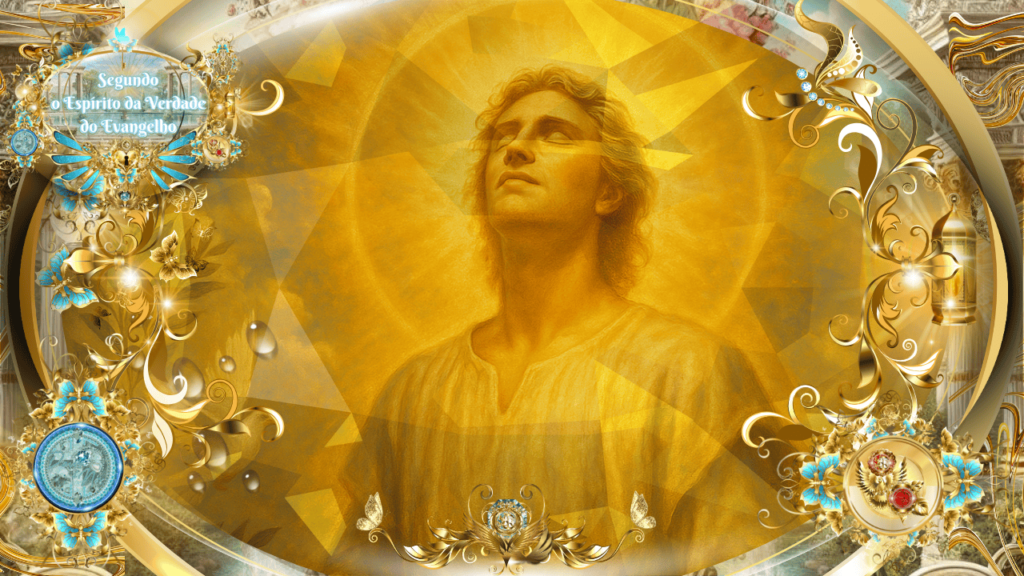 Retrato glorioso de um homem envolto em luz dourada divina, com expressão serena e olhar elevado aos céus, cercado por ornamentos dourados e azuis, acompanhado da frase: “Segundo o Espírito da Verdade do Evangelho”.
