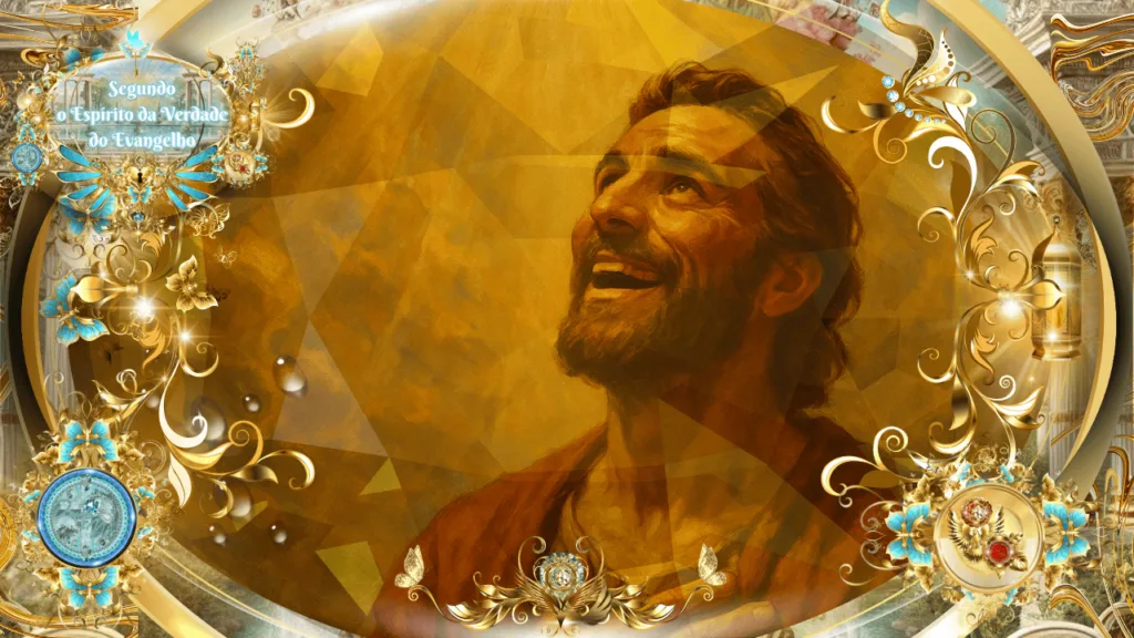 Homem com expressão de júbilo olhando para o alto, envolto em tons dourados e ornamentos celestiais, com a inscrição “Segundo o Espírito da Verdade do Evangelho”.