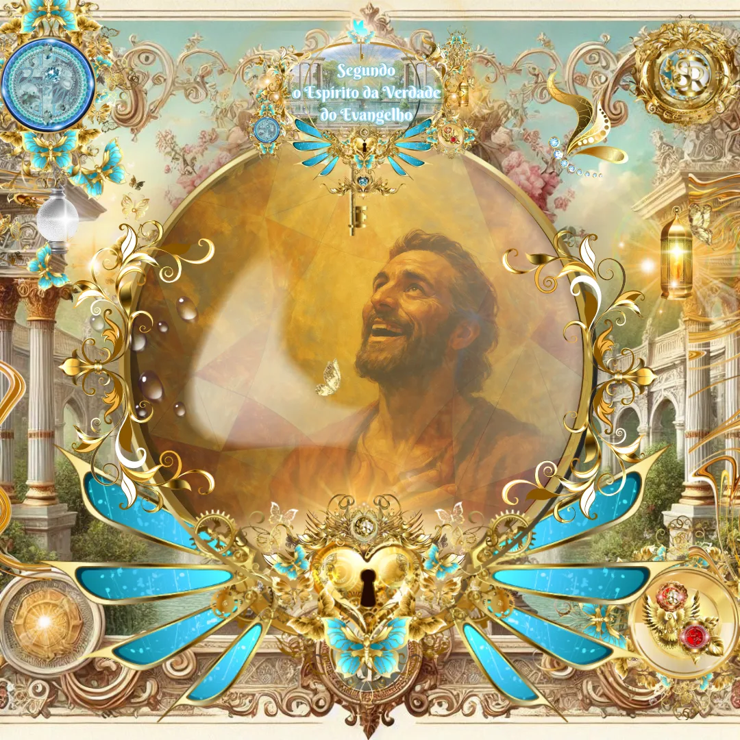 Homem com expressão de júbilo olhando para o alto, envolto em tons dourados e ornamentos celestiais, com a inscrição “Segundo o Espírito da Verdade do Evangelho”.
