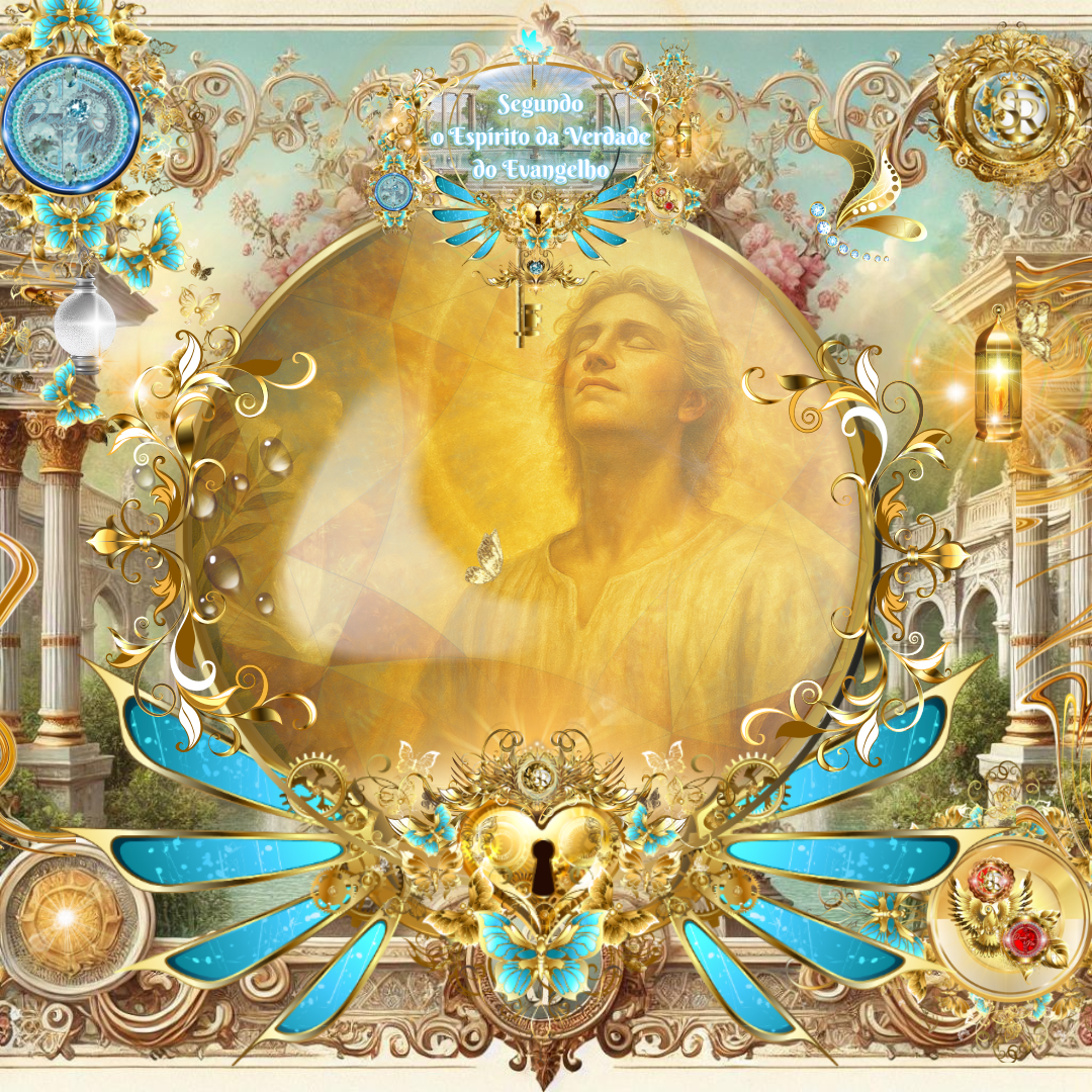 Retrato glorioso de um homem envolto em luz dourada divina, com expressão serena e olhar elevado aos céus, cercado por ornamentos dourados e azuis, acompanhado da frase: “Segundo o Espírito da Verdade do Evangelho”.