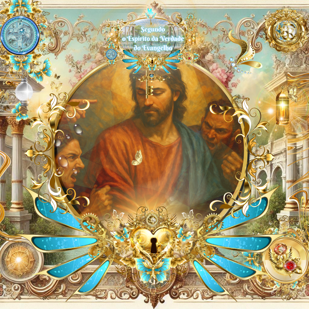 Jesus sereno sendo acusado com fúria por pessoas ao seu redor, cercado por ornamentos celestiais dourados e azuis, refletindo Gálatas 4:16-17.
