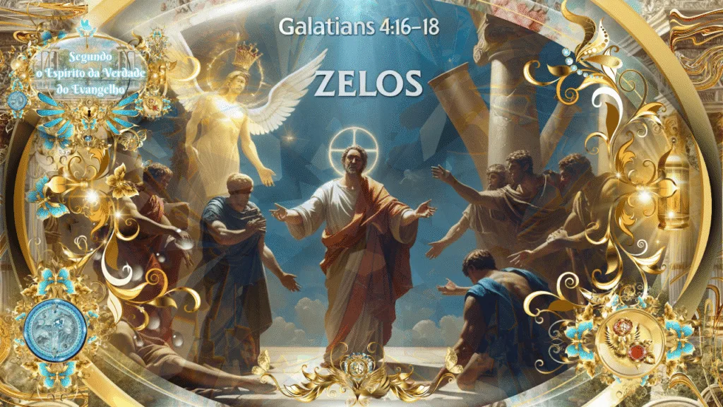 Jesus rodeado por discípulos e anjos em cena gloriosa, representando o zelo segundo o Espírito da Verdade, com elementos dourados e celestiais ao redor.