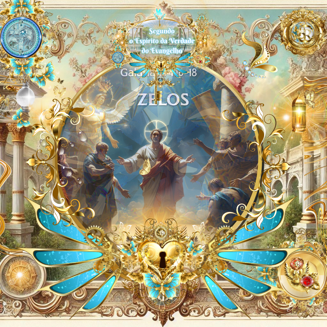 Jesus rodeado por discípulos e anjos em cena gloriosa, representando o zelo segundo o Espírito da Verdade, com elementos dourados e celestiais ao redor.