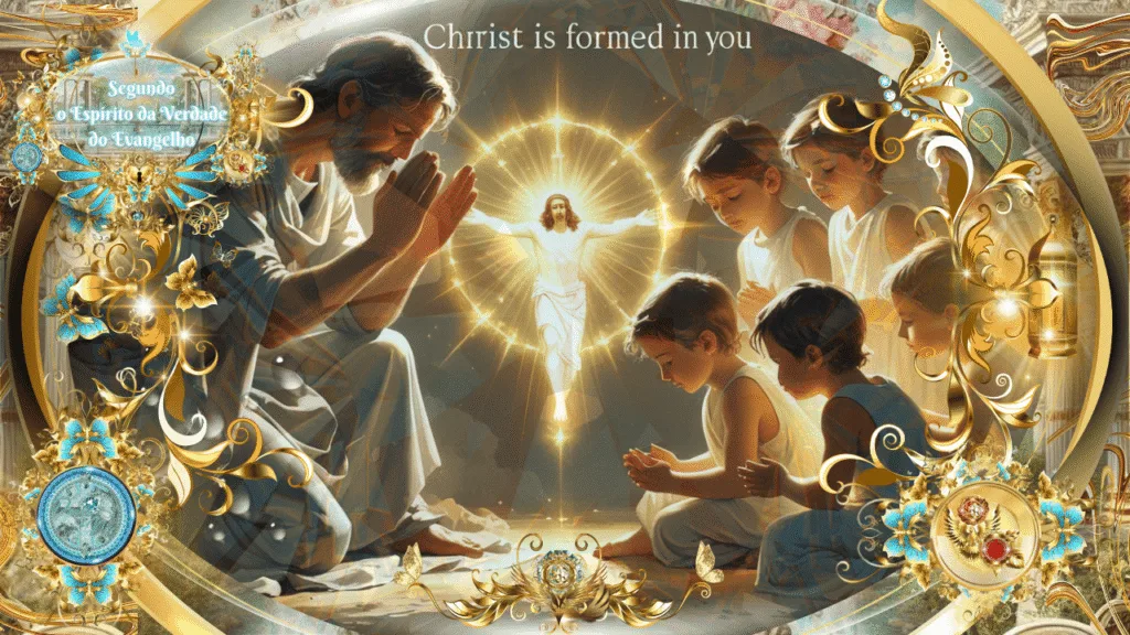 Cristo sendo formado em crianças e adultos em oração, com Jesus glorificado no centro, envolvido por luz celestial e ornamentos dourados e azuis.