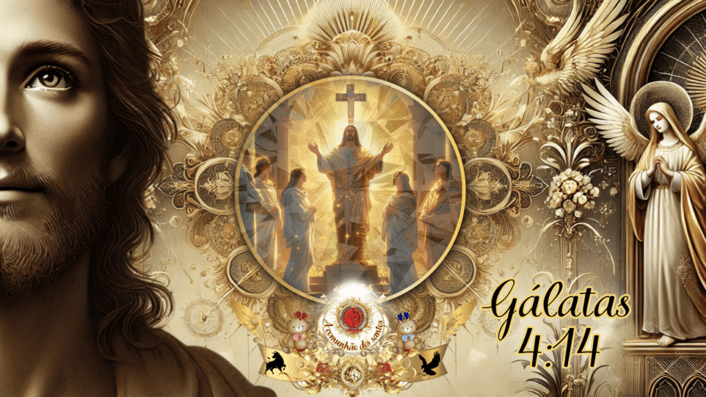 Ilustração celestial de Jesus Cristo resplandecente entre os santos, com raios de luz dourada, representando Gálatas 4:19 — “Cristo sendo formado em vós”.
