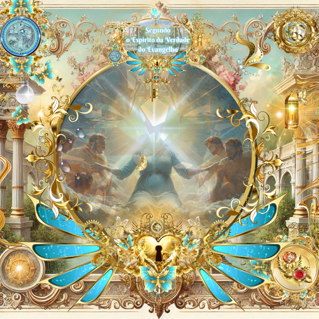 Mulher vestida de azul com brilho celestial em sua face, cercada por homens resplandecentes segurando suas mãos, em uma atmosfera gloriosa, com ornamentos dourados e celestiais.